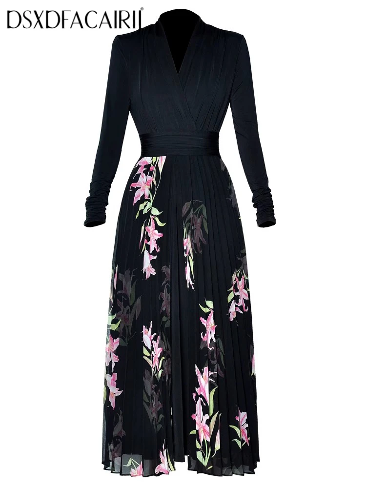 DSXDFACAIRIJ Women's V-Neck Long Sleeve Floral Print Pleated Dress Spring Fashion Office Lady Style Female Clothing
DSXDFACAIRIJ Women's V-Neck Long Sleeve Floral Print Pleated Dress Spring Fashion Office Lady Style Female Clothing