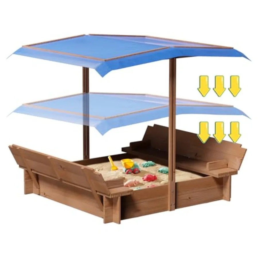 wooden sandbox with adjustable canopy, sunshade cover 2 foldable bench seats for outdoor play, natural wood finish, beige canop
wooden sandbox with adjustable canopy, sunshade cover 2 foldable bench seats for outdoor play, natural wood finish, beige canop