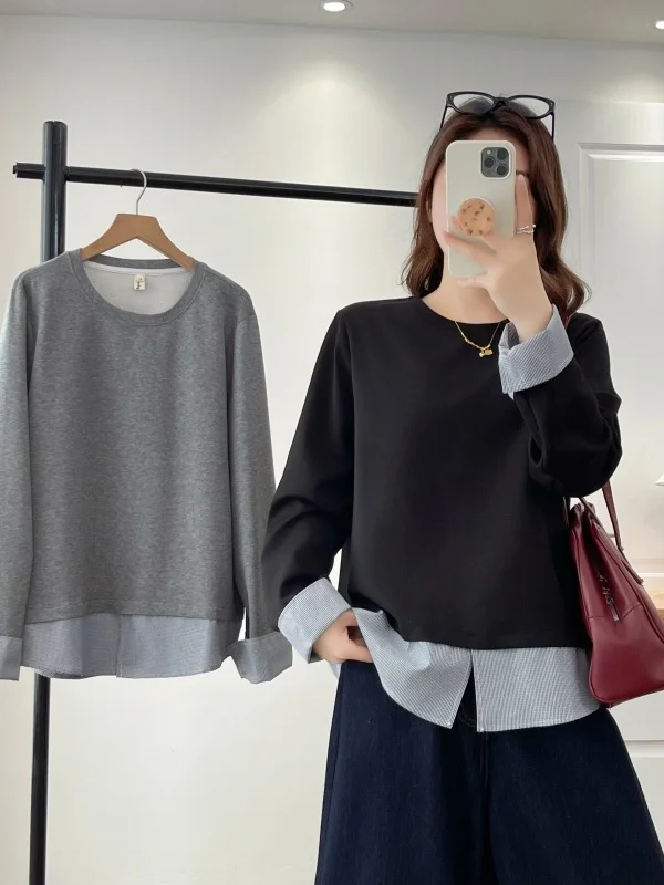 Spring Fashion Plaid Splicing Sweatshirt Women Loose Slimming round Neck Long Sleeve Top plus Size Age-Defying Overhead Shirt
Spring Fashion Plaid Splicing Sweatshirt Women Loose Slimming round Neck Long Sleeve Top plus Size Age-Defying Overhead Shirt