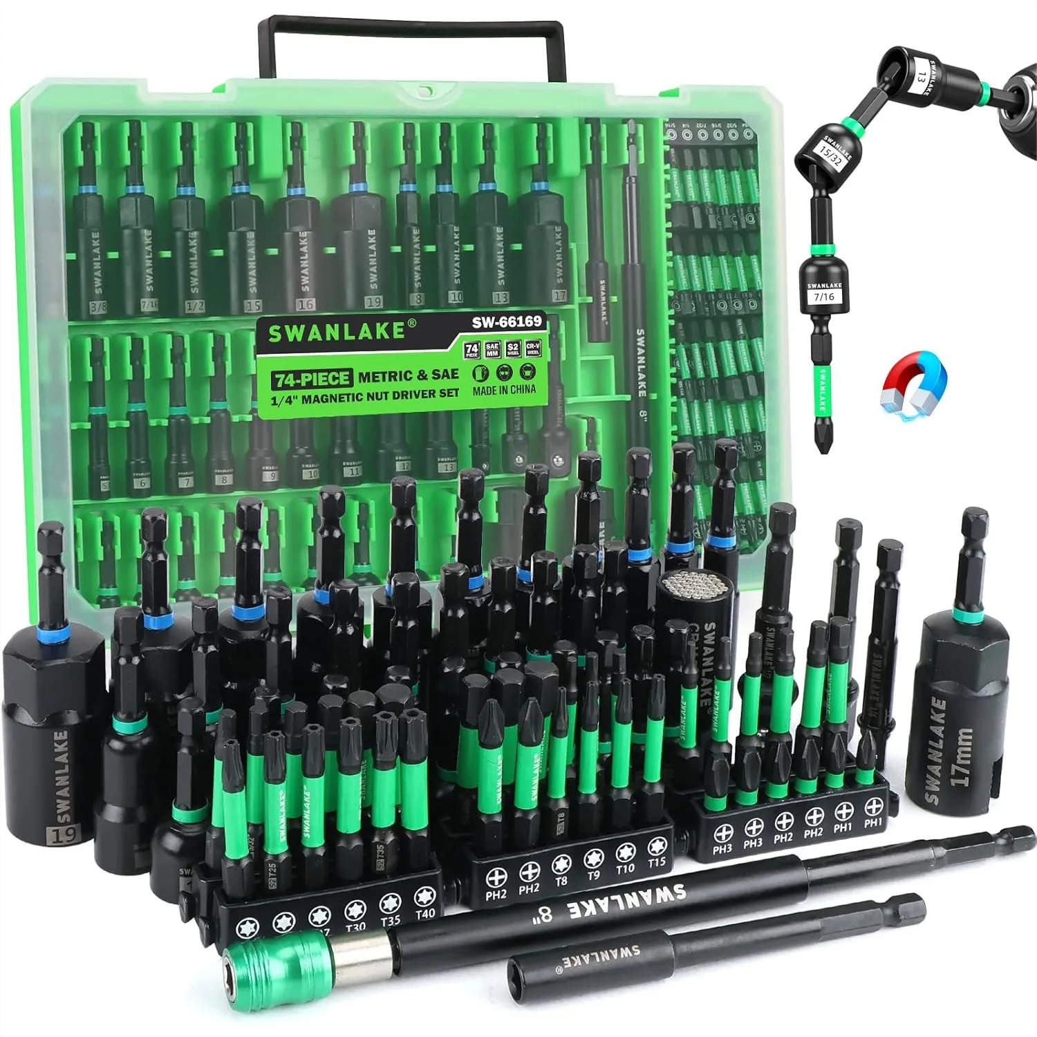 74-Piece Magnetic Nut Driver Set for Impact Drill, Metric & SAE, Universal Socket, 1/4'' Quick-Change Extension
74-Piece Magnetic Nut Driver Set for Impact Drill, Metric & SAE, Universal Socket, 1/4'' Quick-Change Extension