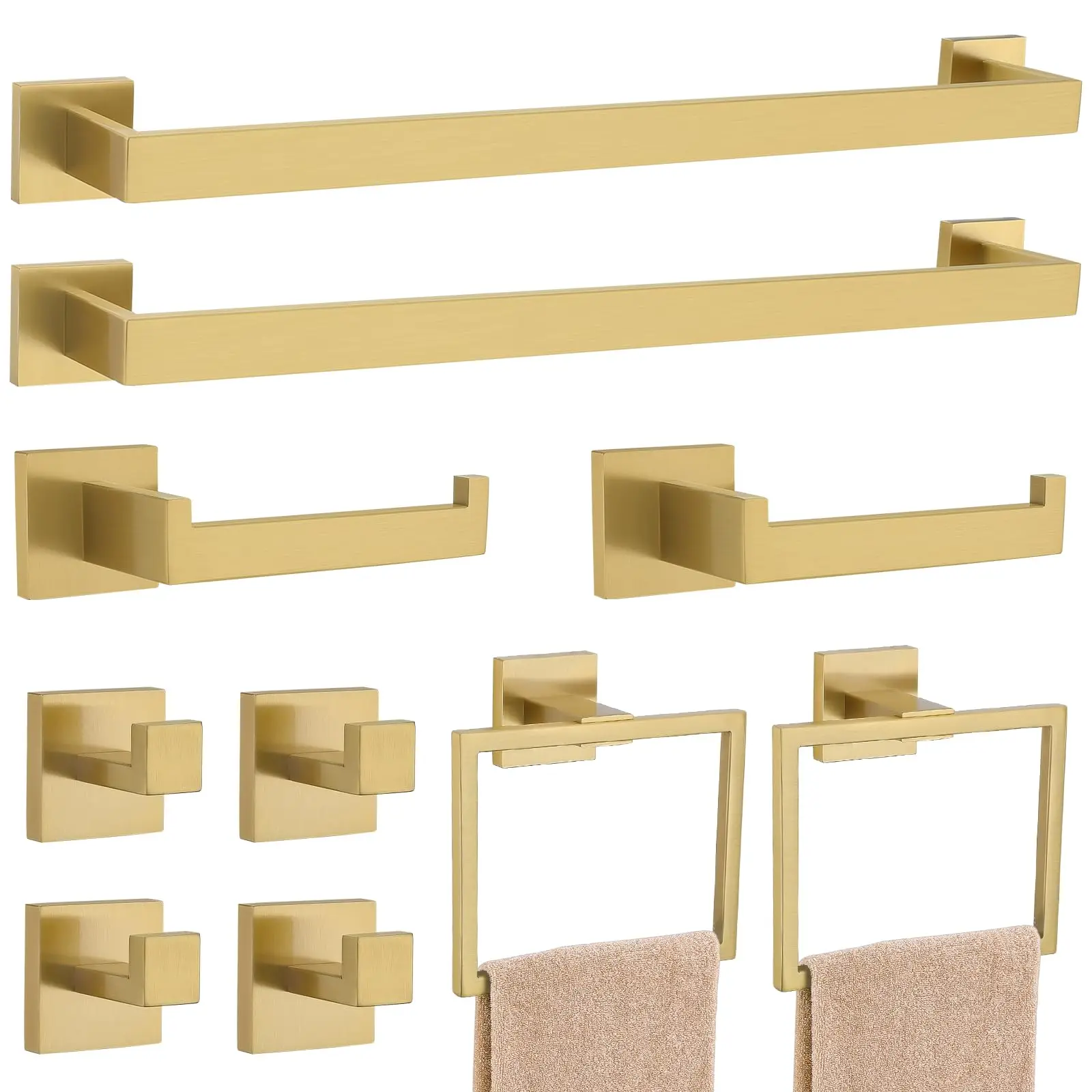 10-Piece Brushed Gold Finish SUS304 Stainless Steel Bathroom Wall Mount Set Including Towel Bars, Hooks, And Ring Holders
10-Piece Brushed Gold Finish SUS304 Stainless Steel Bathroom Wall Mount Set Including Towel Bars, Hooks, And Ring Holders