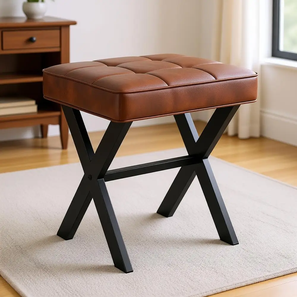 Кожаный квадратный пуф-табурет с металлическим X-образным основанием, мягкое сиденье для макияжа для домашнего декора, цвет красно-коричневый
Кожаный квадратный пуф-табурет с металлическим X-образным основанием, мягкое сиденье для макияжа для домашнего декора, цвет красно-коричневый