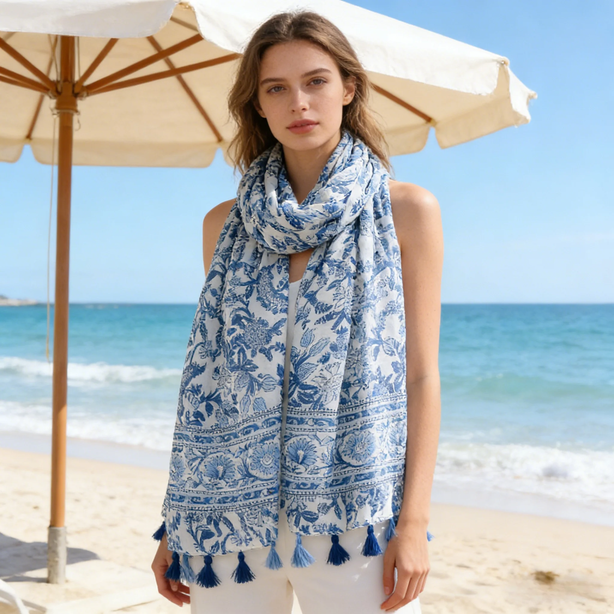 Women's Blue White Floral Scarf, Lightweight Polyester Neck Scarf, 88x180cm Tassel Shawl, Perfect for Vacation & Daily Outfits
Women's Blue White Floral Scarf, Lightweight Polyester Neck Scarf, 88x180cm Tassel Shawl, Perfect for Vacation & Daily Outfits