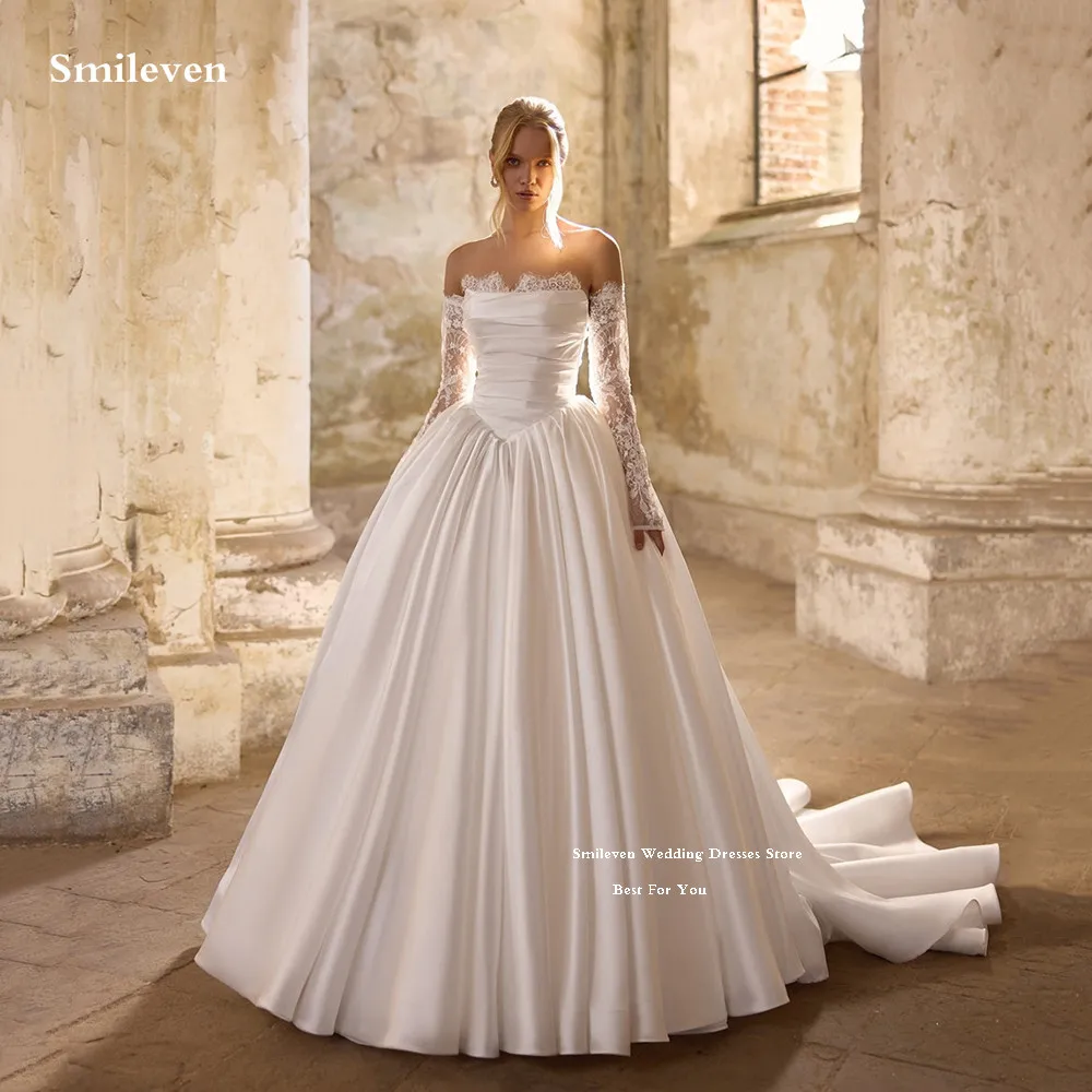 Smileven Modern Lace Sleeve Wedding Dress A Line Bride Dresses Pleats Vestido de novia Satin Wedding Gowns Customized
Smileven Modern Lace Sleeve Wedding Dress A Line Bride Dresses Pleats Vestido de novia Satin Wedding Gowns Customized
