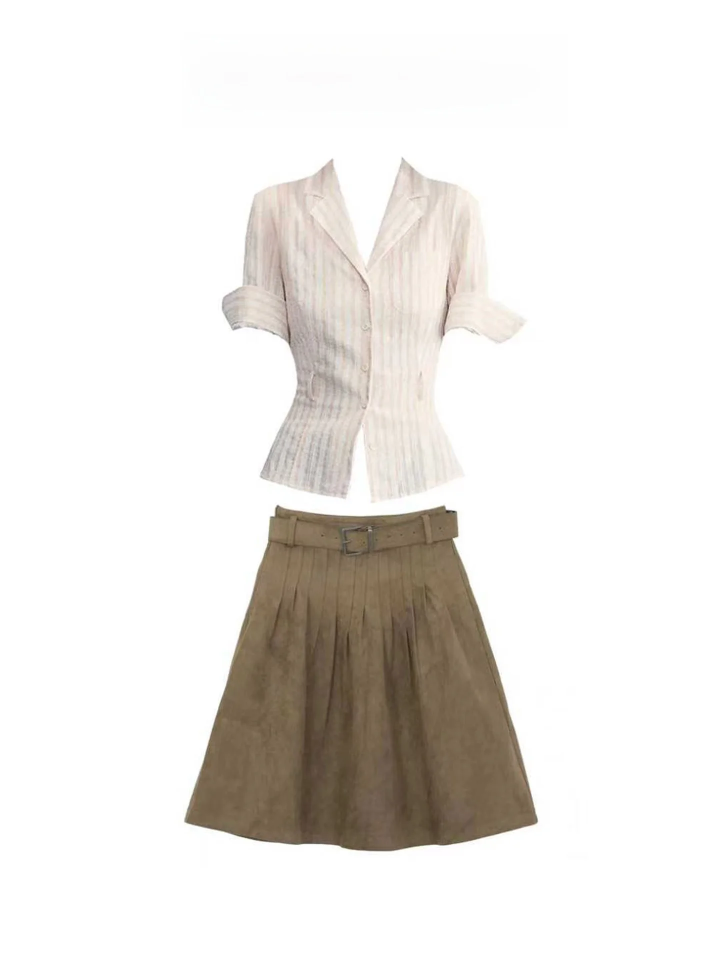 Summer Casual Striped Shirt And Skirt Set Women's Fashion Ensemble Short Sleeve Brown Half-length Skirt Two-piece Outfit
Summer Casual Striped Shirt And Skirt Set Women's Fashion Ensemble Short Sleeve Brown Half-length Skirt Two-piece Outfit