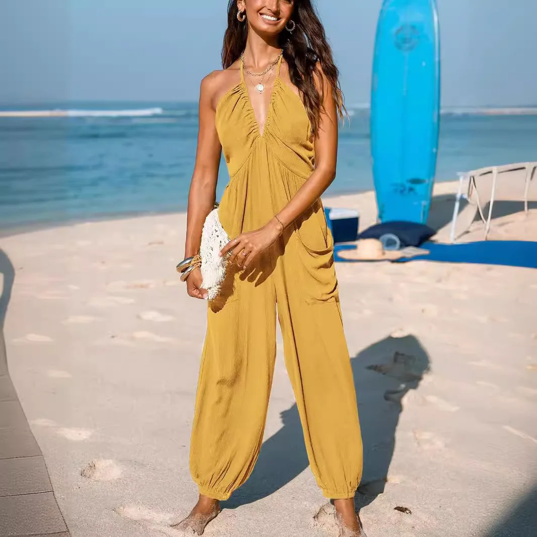 Women's Deep V Neck Sleeveless Pleated Pocket Back Strap Wide Leg Jumpsuit Long One-Piece High Waist Thin Summer Polyester
Women's Deep V Neck Sleeveless Pleated Pocket Back Strap Wide Leg Jumpsuit Long One-Piece High Waist Thin Summer Polyester