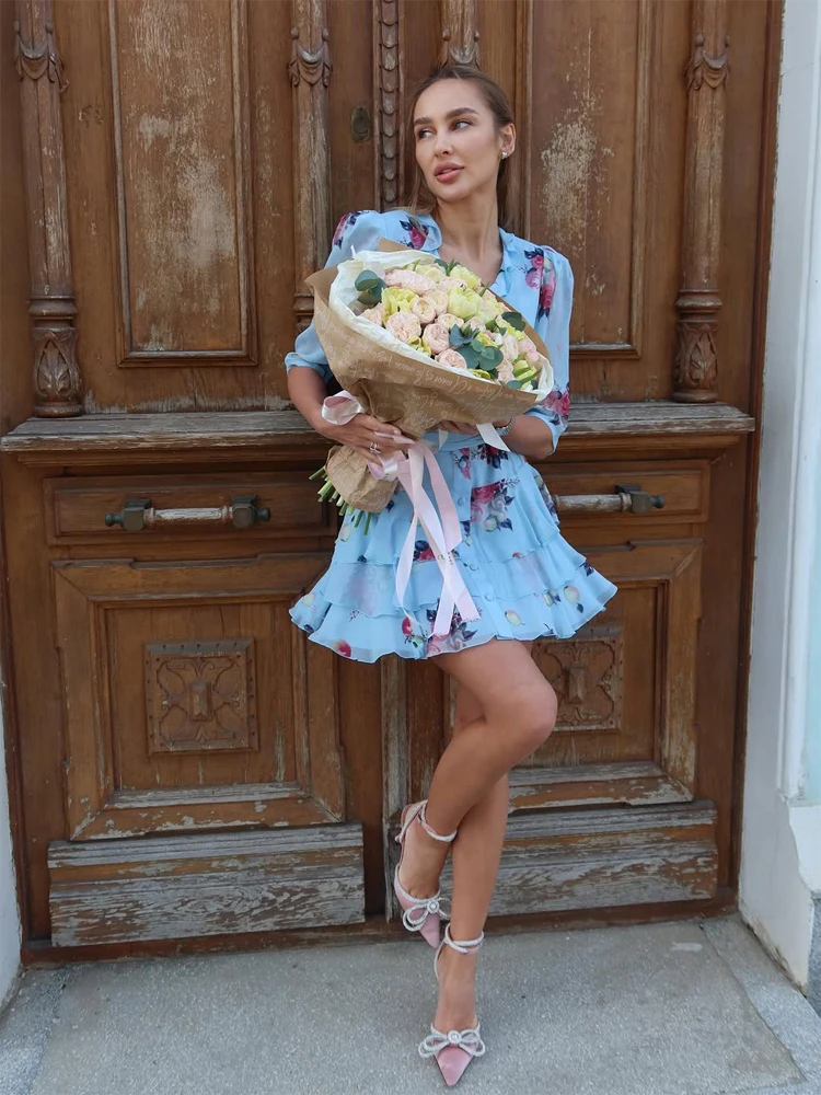 Elegant Printed Mini Dress Women Fashion V-neck Half Sleeve Waist-cinching Ruffle A-line Dresses Summer Daily New Vacation Robes
Elegant Printed Mini Dress Women Fashion V-neck Half Sleeve Waist-cinching Ruffle A-line Dresses Summer Daily New Vacation Robes