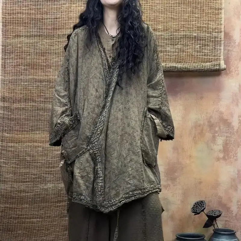 Spring Autumn New Arts Style Women Batwing Sleeve V-neck Long Coats Big Pocket Design Vintage Loose Lacing Open Stitch Jackets
Spring Autumn New Arts Style Women Batwing Sleeve V-neck Long Coats Big Pocket Design Vintage Loose Lacing Open Stitch Jackets