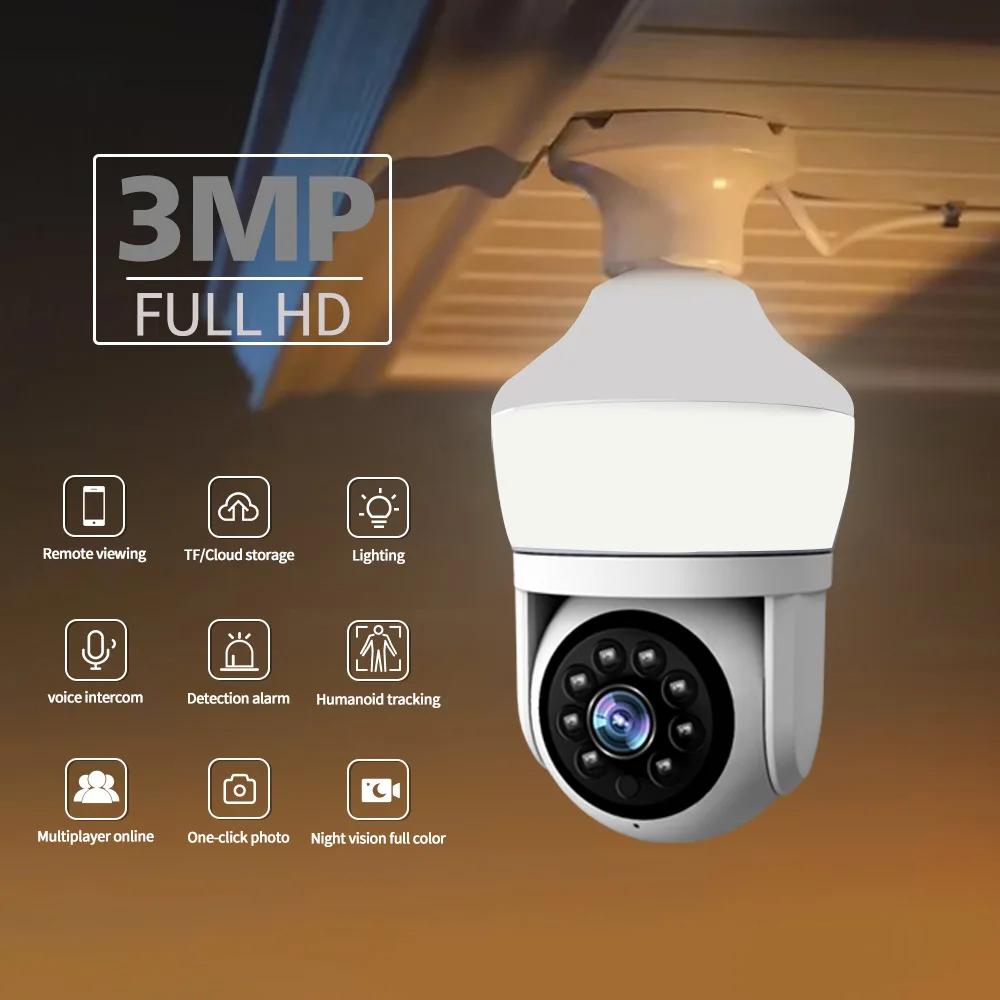 3MP E27 Bulb Camera Wifi Surveillance with LED Bulb PTZ Smart Home Tracking Two-way Audio Night Vision Wireless Security Camera
3MP E27 Bulb Camera Wifi Surveillance with LED Bulb PTZ Smart Home Tracking Two-way Audio Night Vision Wireless Security Camera