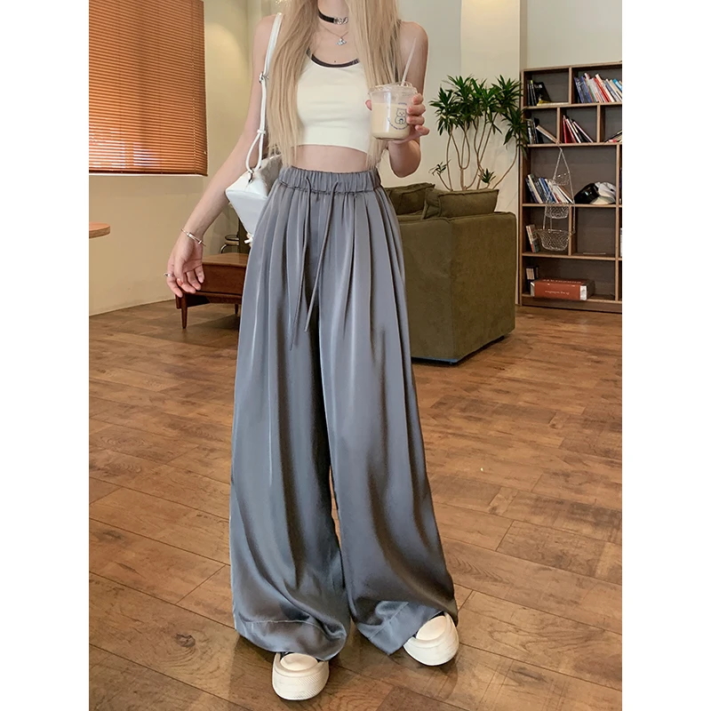 Women's Summer Drawdtring Waist Satin Wide Leg Pants Lady Casual High Waist Solid Color Slippery Loose Full Length Pants
Women's Summer Drawdtring Waist Satin Wide Leg Pants Lady Casual High Waist Solid Color Slippery Loose Full Length Pants