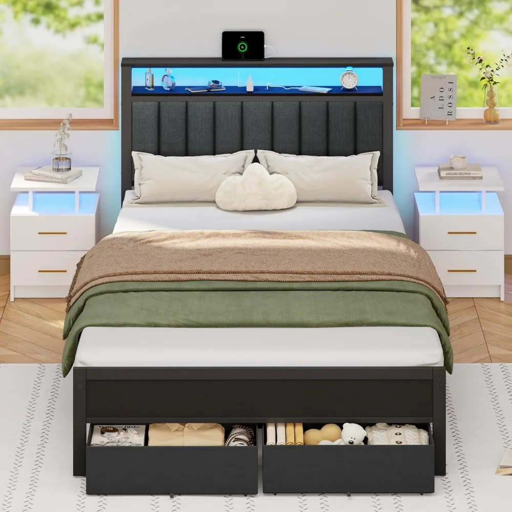 Furnulem Full Size Bed Frame with Charging Station and LED Lights, Grey Upholstered Headboard with Shelves, Metal Platform Bed w
Furnulem Full Size Bed Frame with Charging Station and LED Lights, Grey Upholstered Headboard with Shelves, Metal Platform Bed w