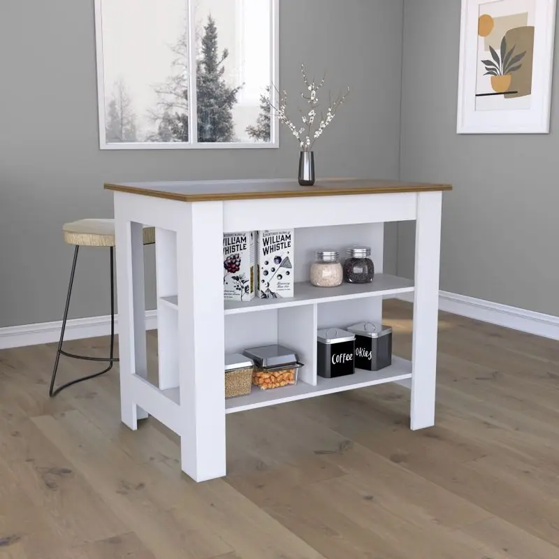 Kitchen Island, kitchen table 35" H, Four Legs, Three Open Storage Shelves, White / Walnut
Kitchen Island, kitchen table 35" H, Four Legs, Three Open Storage Shelves, White / Walnut