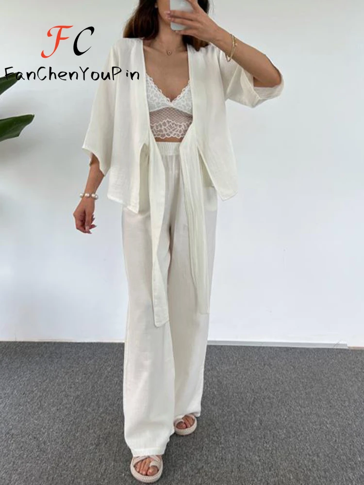 Women's Set 2024 Spring Summer Fashion Casual Loose Lace-up Cardigan Cotton Top Elegant Solid Color Wide Leg Pant Two-piece Suit
Women's Set 2024 Spring Summer Fashion Casual Loose Lace-up Cardigan Cotton Top Elegant Solid Color Wide Leg Pant Two-piece Suit
