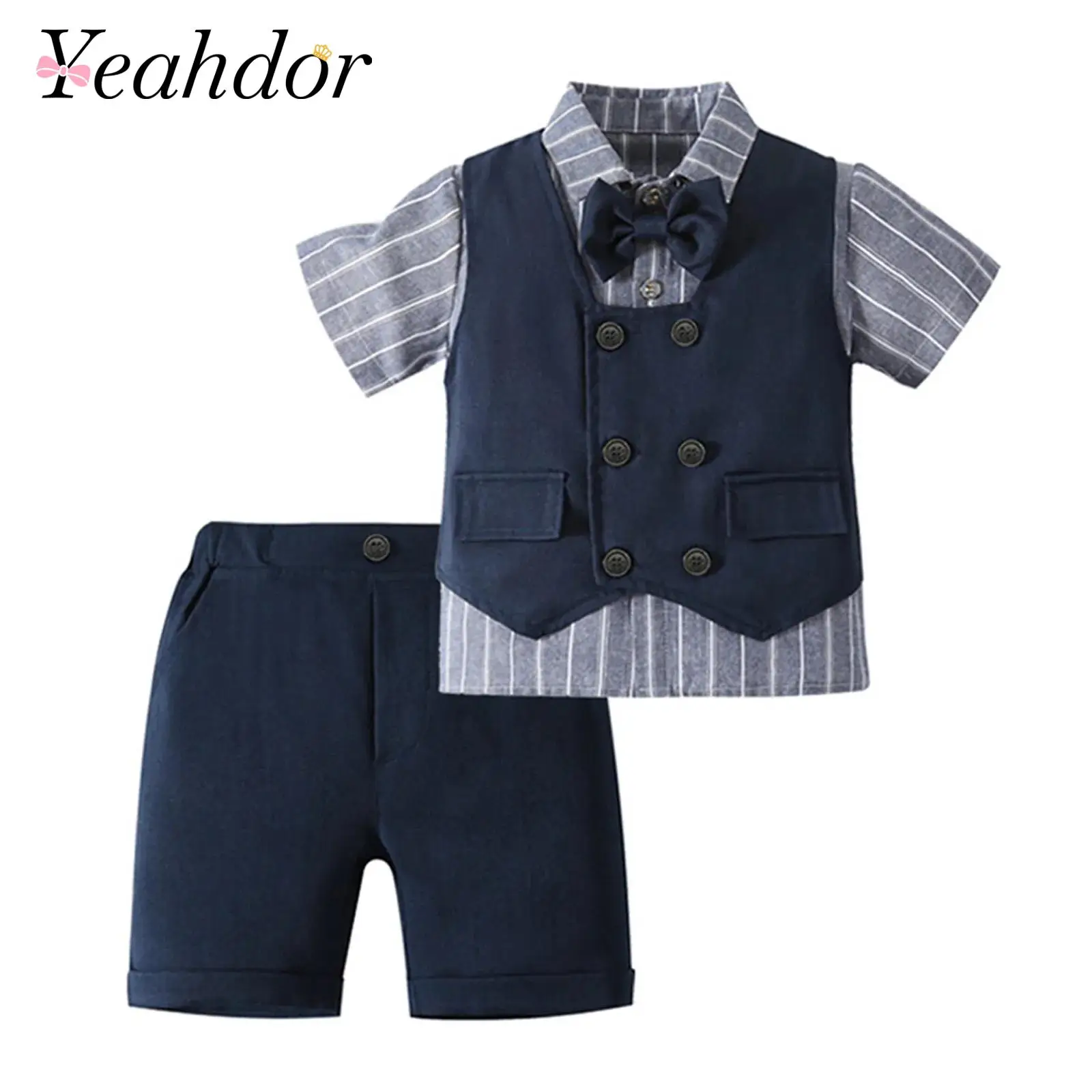 Kids Boys Gentleman Set Short Sleeve Striped Shirt with Bow Double-breasted Waistcoat Shorts Suit for Birthday Wedding Suits
Kids Boys Gentleman Set Short Sleeve Striped Shirt with Bow Double-breasted Waistcoat Shorts Suit for Birthday Wedding Suits