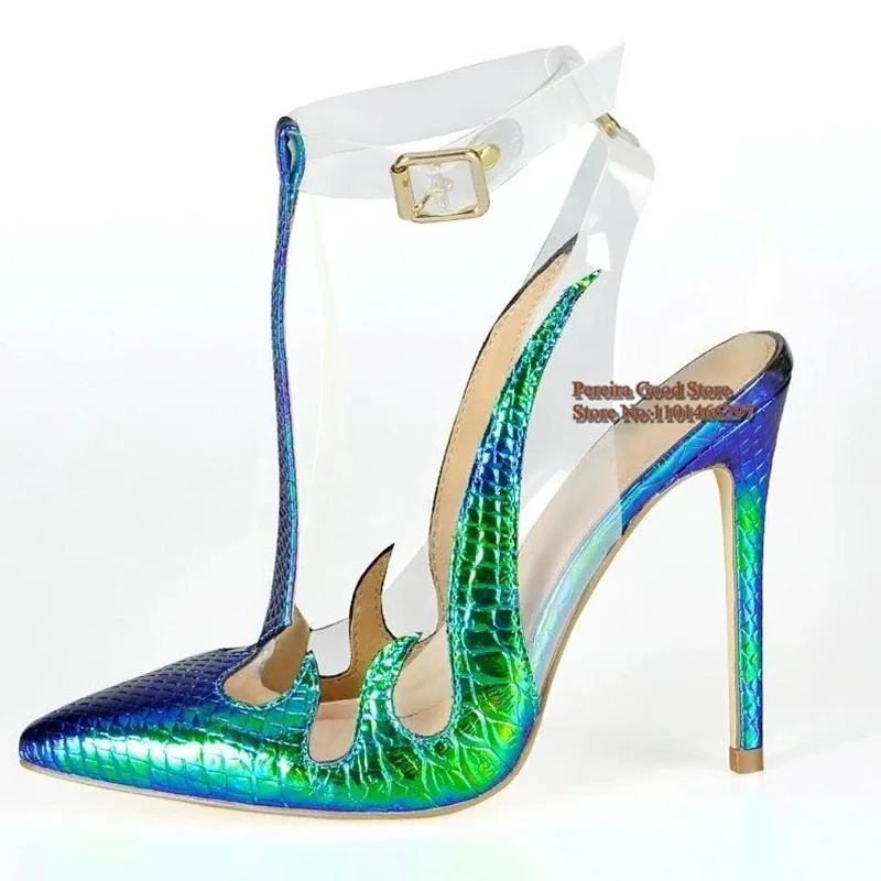 Flame Design T Strap Women High Heel Pumps Snakeksin Printed Leather Pointed Toe Clear PVC Buckle Strap Hollow Dress Shoes
Flame Design T Strap Women High Heel Pumps Snakeksin Printed Leather Pointed Toe Clear PVC Buckle Strap Hollow Dress Shoes