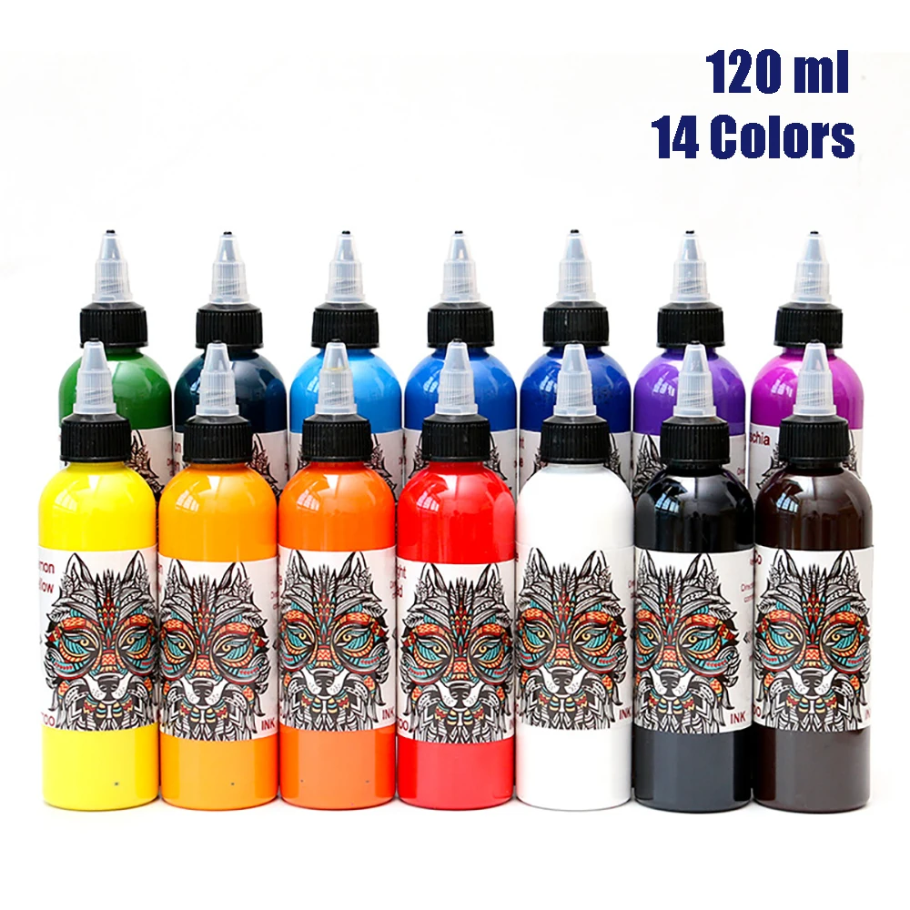120ml/Bottle 14 Colors Professional Tattoo Ink For Body Art Liner And Shader Permanent Tattoo Pigment Paint Ink Supplies
120ml/Bottle 14 Colors Professional Tattoo Ink For Body Art Liner And Shader Permanent Tattoo Pigment Paint Ink Supplies