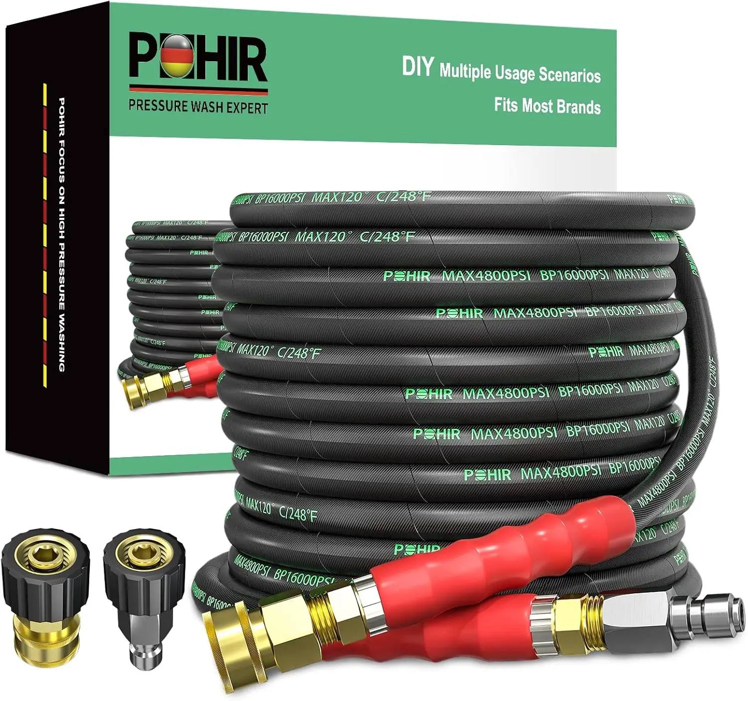 3/8" Pressure Washer Hose 50 FT, Hot/Cold Water Up to 248°F, 4800psi Kink Resistant with Quick Connect & M22 Adapters
3/8" Pressure Washer Hose 50 FT, Hot/Cold Water Up to 248°F, 4800psi Kink Resistant with Quick Connect & M22 Adapters
