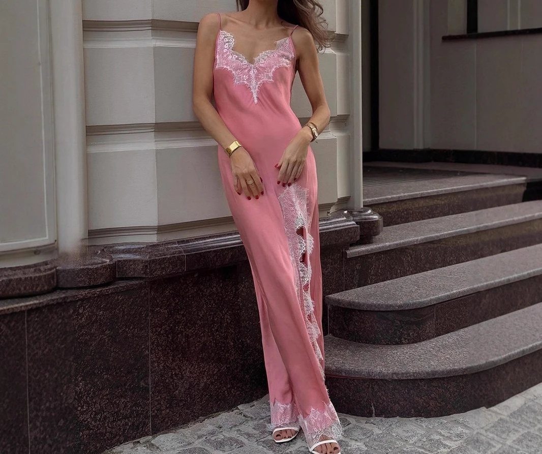 Lace Lace Slip Dress 2025 Summer Faux Silk Sexy Slit Splicing Lace Dress for Women
Lace Lace Slip Dress 2025 Summer Faux Silk Sexy Slit Splicing Lace Dress for Women