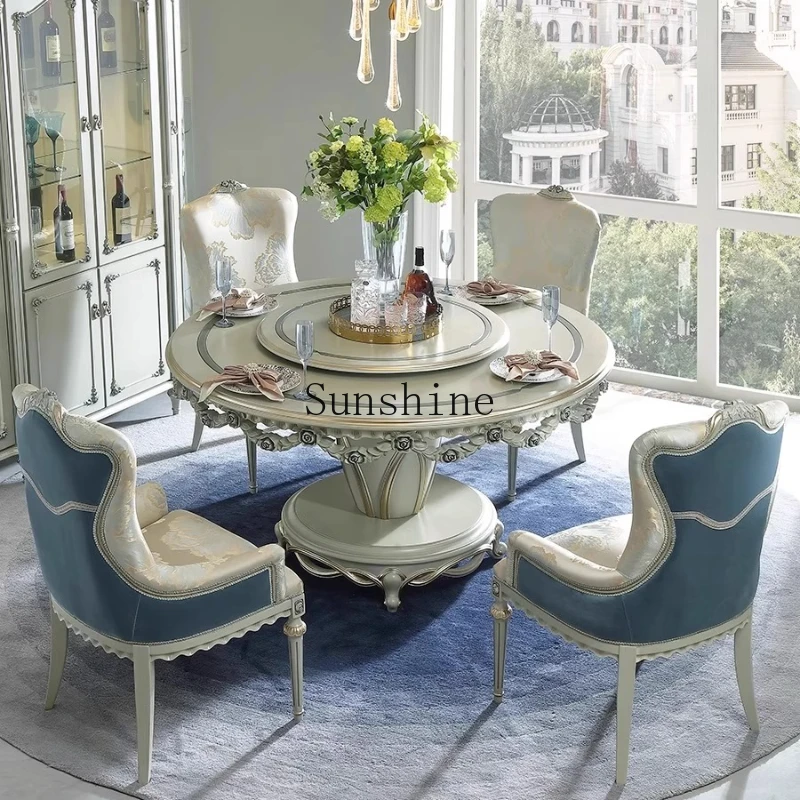 French dining table and chair combination high-end European furniture hand-carved to solid wood round turntable
French dining table and chair combination high-end European furniture hand-carved to solid wood round turntable