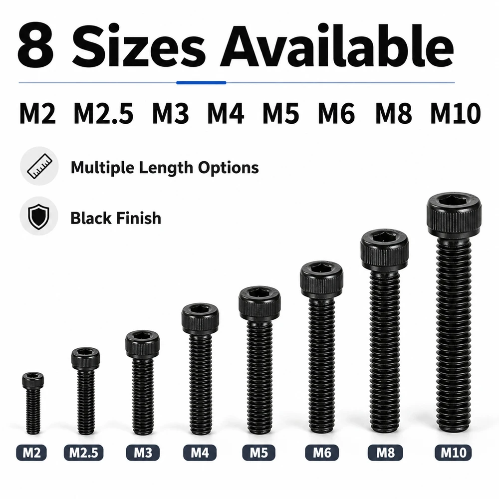 5-50pc Black Hex Socket Cap Screws M2-M10 High Tensile Steel Metric Bolts Wear-Resistant Fastener Assortment for DIY Repair
5-50pc Black Hex Socket Cap Screws M2-M10 High Tensile Steel Metric Bolts Wear-Resistant Fastener Assortment for DIY Repair