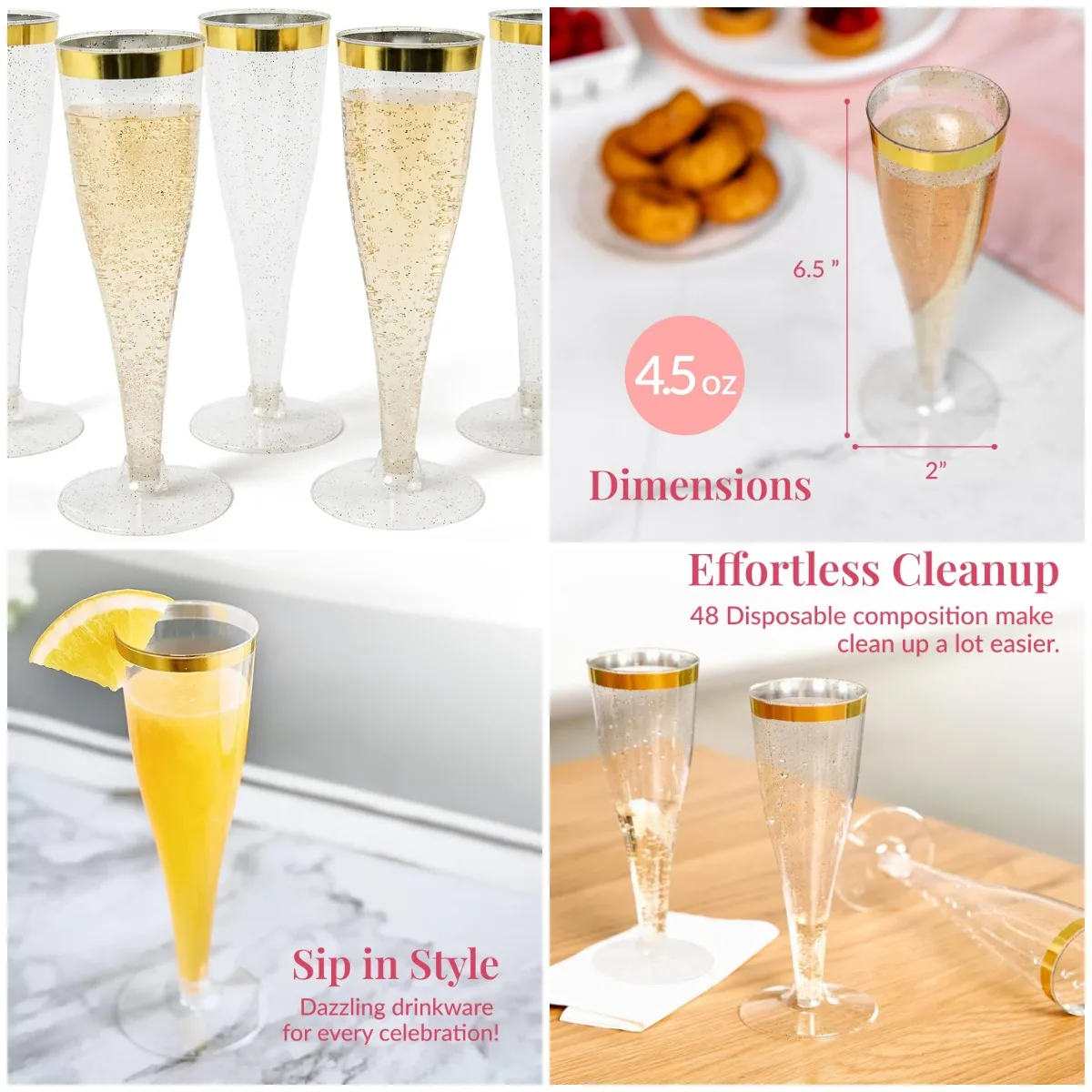 48 Disposable Gold-Rim Champagne Flutes - Clear Toasting Glasses for New Year's Eve, Mimosas & Elegant Parties
48 Disposable Gold-Rim Champagne Flutes - Clear Toasting Glasses for New Year's Eve, Mimosas & Elegant Parties
