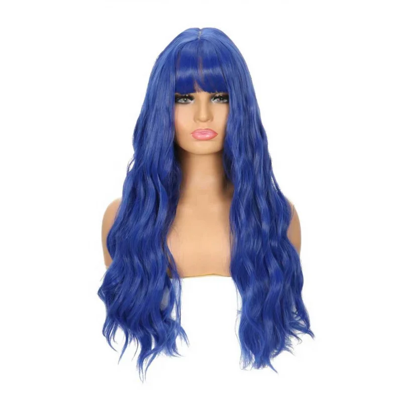 New for women, blue long curly hair with bangs, synthetic fiber wig
New for women, blue long curly hair with bangs, synthetic fiber wig