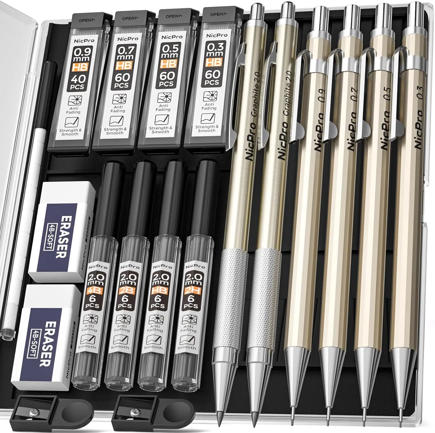 6PCS Metal Mechanical Pencil Set 0.3 0.5 0.7 0.9mm & 2PCS 2mm Lead Holder with Refills Eraser Case for Drawing Sketching
6PCS Metal Mechanical Pencil Set 0.3 0.5 0.7 0.9mm & 2PCS 2mm Lead Holder with Refills Eraser Case for Drawing Sketching