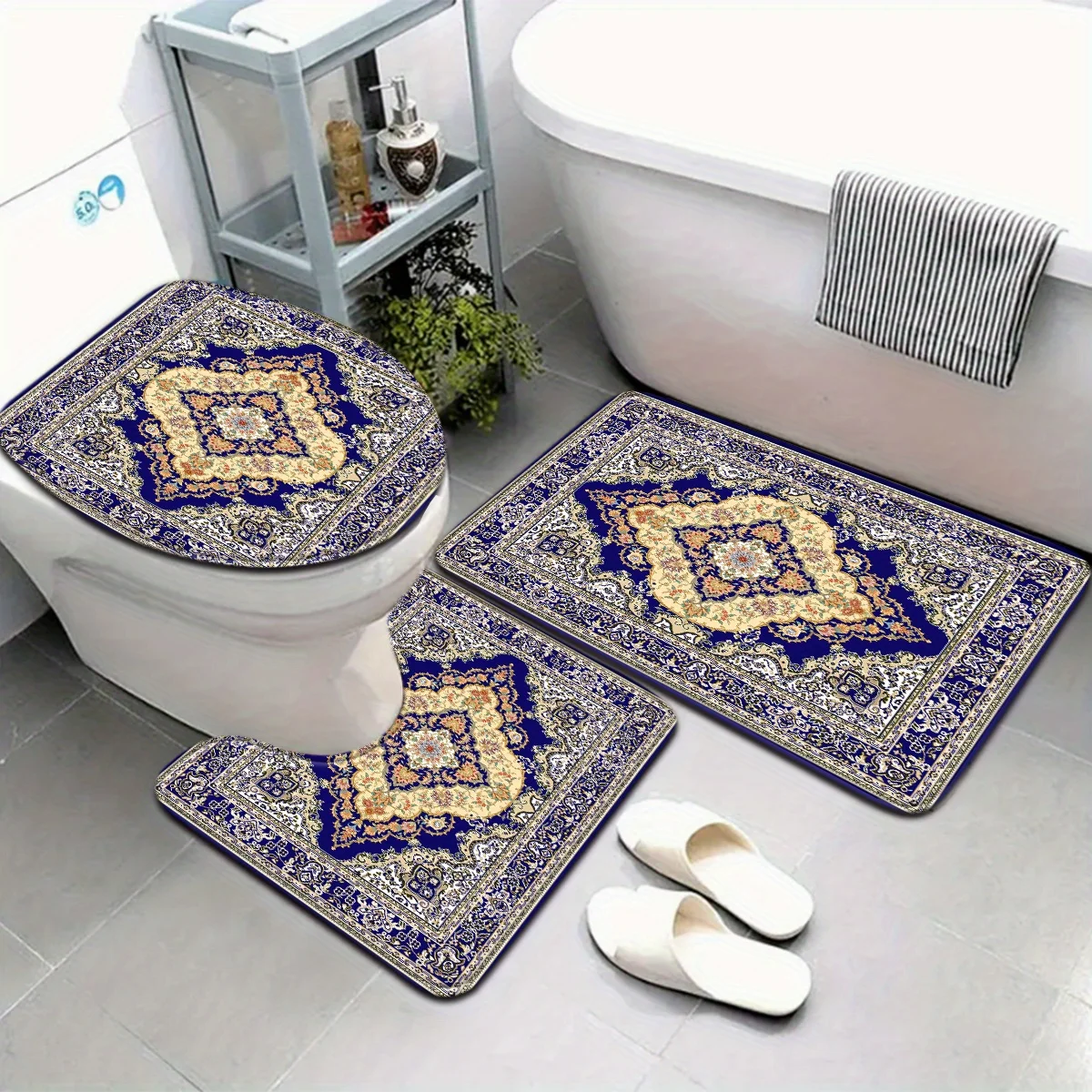 Bohemian Series Blue Striped Bathroom Mat Three-piece Set Toilet Seat U-shaped Foot Mat Suitable for Bathroom Decoration
Bohemian Series Blue Striped Bathroom Mat Three-piece Set Toilet Seat U-shaped Foot Mat Suitable for Bathroom Decoration