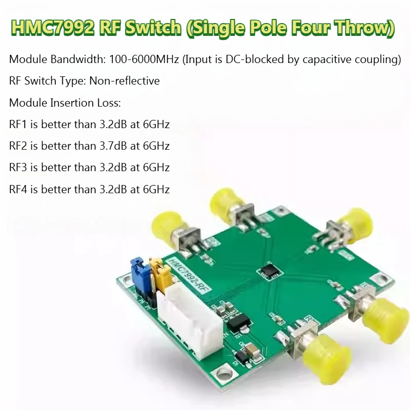HMC7992 RF Switch Module, Single Pole Four Throw 6GHz with Broadband Shielding Cover, Band Switching KDT7992S4T-006
HMC7992 RF Switch Module, Single Pole Four Throw 6GHz with Broadband Shielding Cover, Band Switching KDT7992S4T-006