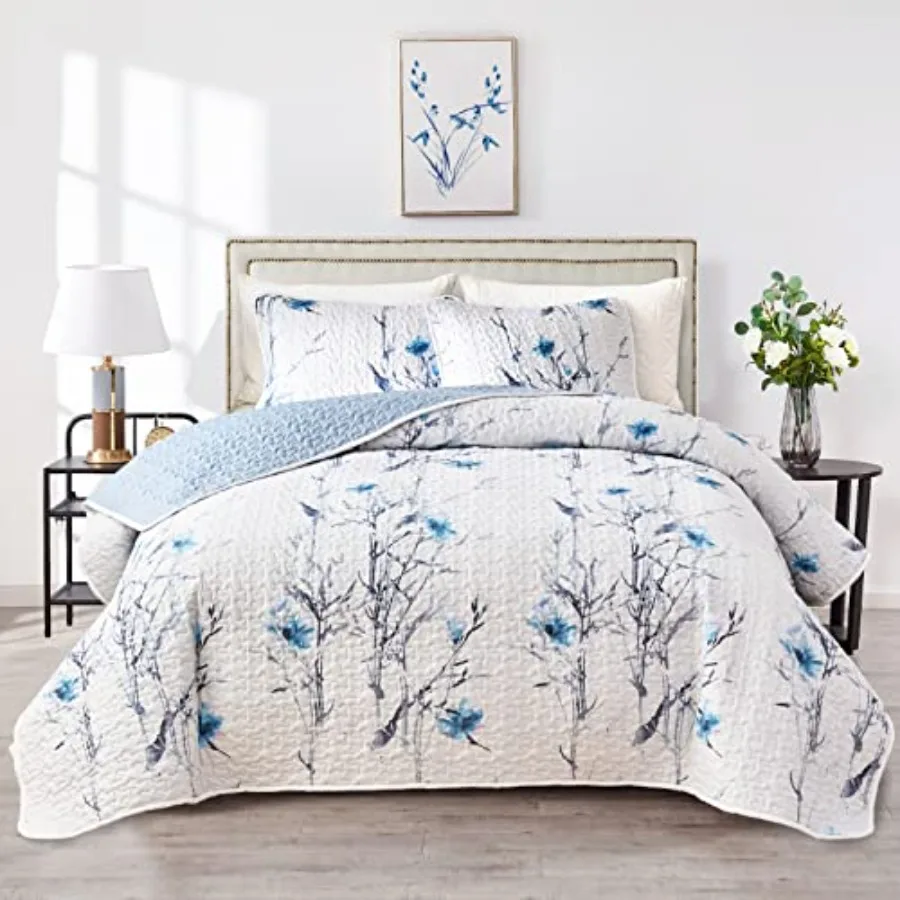 Botanical Quilt Set 3 Pieces King Size Blue Flower Branch on White Reversible Bedspread Coverlet Set Soft Microfiber Lightweigh
Botanical Quilt Set 3 Pieces King Size Blue Flower Branch on White Reversible Bedspread Coverlet Set Soft Microfiber Lightweigh