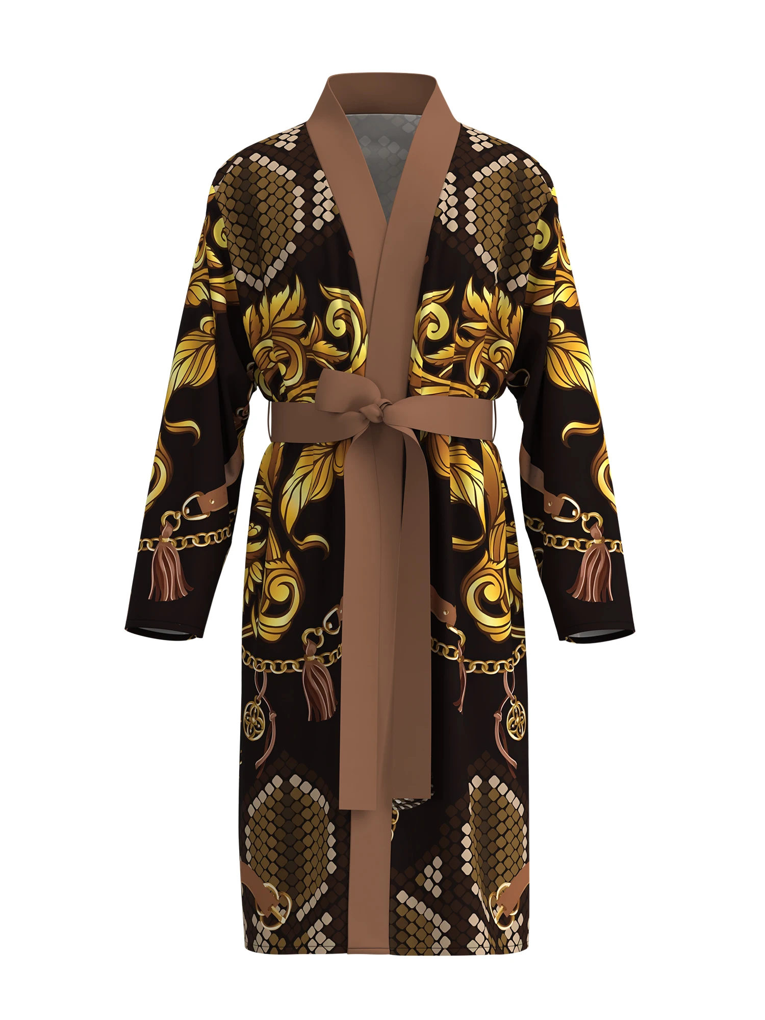 Men's dark brown gold chain printed kimono bathrobe, light luxury baroque style long-sleeved home clothes, casual nightgown
Men's dark brown gold chain printed kimono bathrobe, light luxury baroque style long-sleeved home clothes, casual nightgown