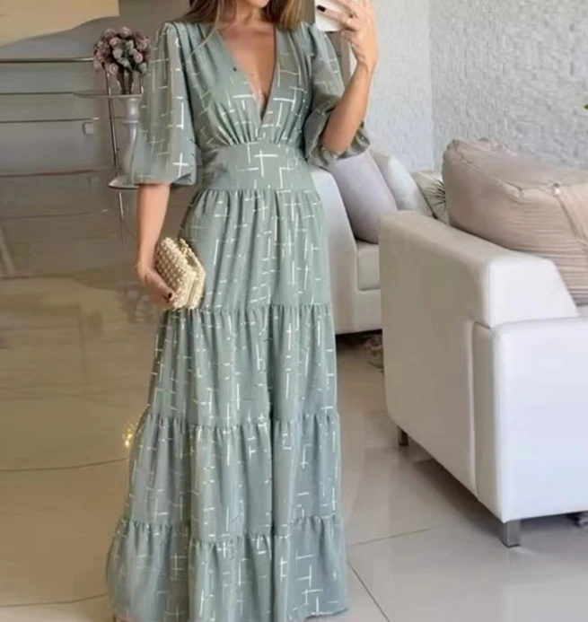 2024 Women's Summer Skirt Deep V-neck Fashion High Waist Bubble Sleeves Lantern Sleeves Princess Print Dress Women
2024 Women's Summer Skirt Deep V-neck Fashion High Waist Bubble Sleeves Lantern Sleeves Princess Print Dress Women