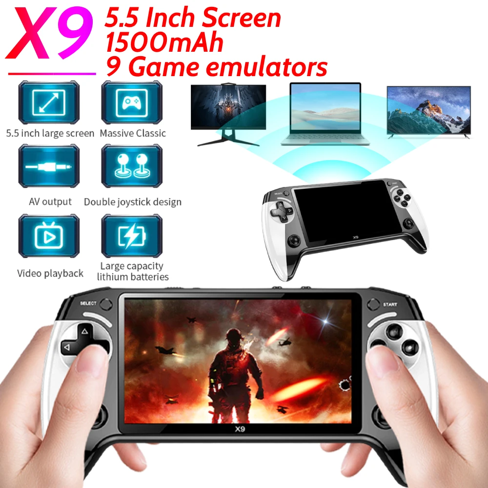 X9 Handheld Game Console Built-in 9 Classic Game Emulators 5.5Inch Screen 1500mAh 360° Non-slip joystick Retro Video Game Player
X9 Handheld Game Console Built-in 9 Classic Game Emulators 5.5Inch Screen 1500mAh 360° Non-slip joystick Retro Video Game Player