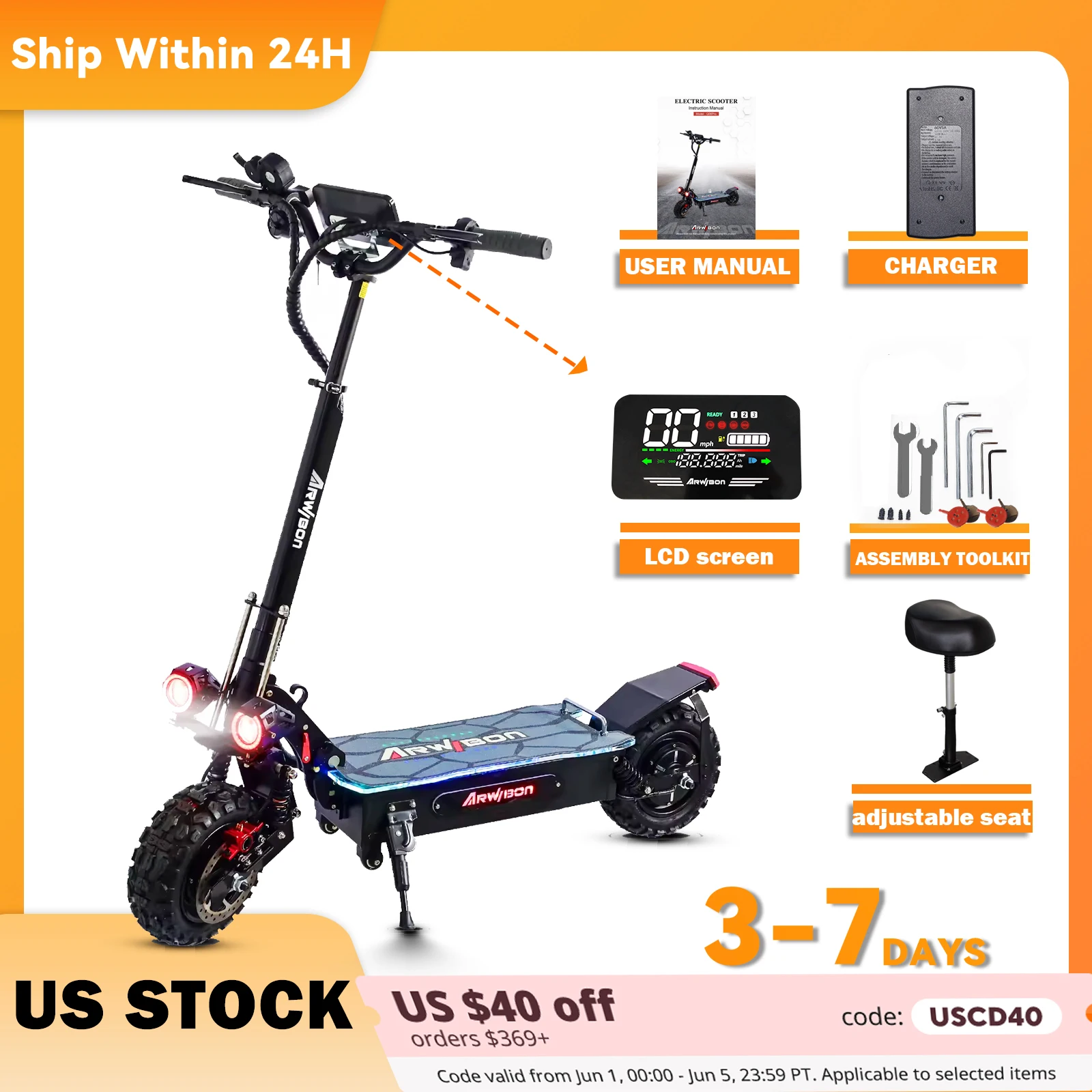 Arwibon 5600W Dual Motor Electric Scooter 60V 27AH Speed up to 45MPH 11 Inch Off-Road Tires Foldable Adult E-Scooter with Seat
Arwibon 5600W Dual Motor Electric Scooter 60V 27AH Speed up to 45MPH 11 Inch Off-Road Tires Foldable Adult E-Scooter with Seat