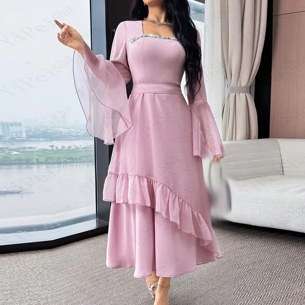 Customized A-Line Prom Dresses Tea-Length Square Collar Full Sleeve Evening Gown Fashion Crystal Simple Draped Party Gown
Customized A-Line Prom Dresses Tea-Length Square Collar Full Sleeve Evening Gown Fashion Crystal Simple Draped Party Gown
