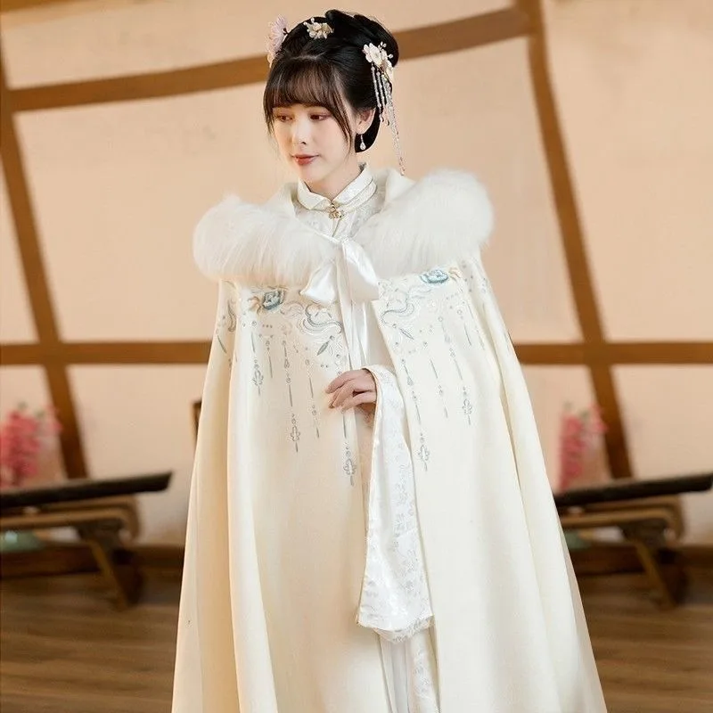 Новая оригинальная шерстяная накидка Hanfu со шляпой, женская длинная накидка с флисом, зимняя теплая новогодняя боевая накидка в китайском стиле, пальто