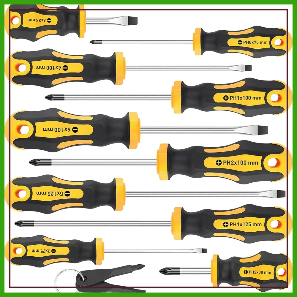 10-Piece Magnetic Screwdriver Set, 5 Phillips & 5 Slotted Tips, Cushion Grip, Mini Key Screwdriver (Yellow)