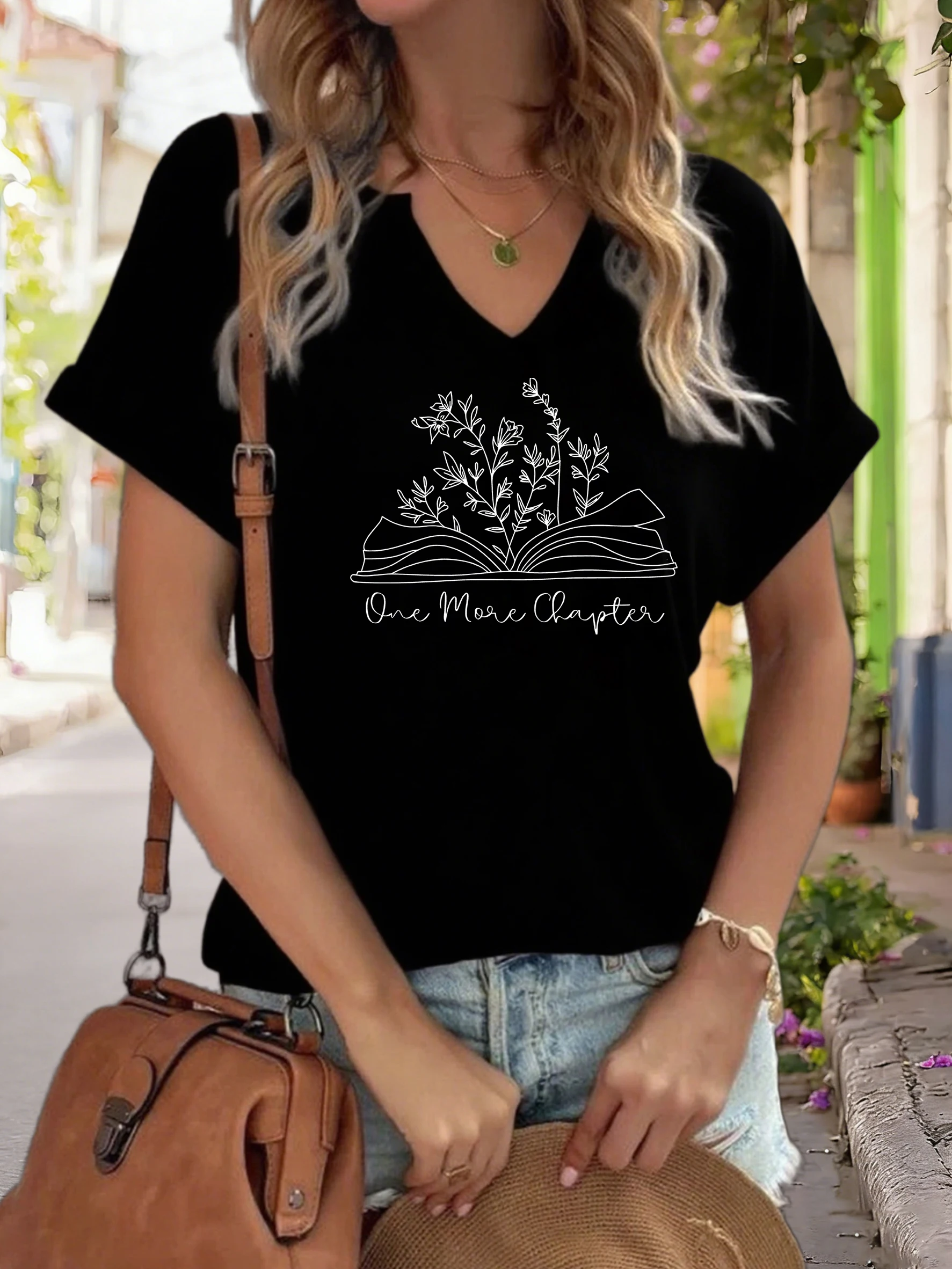 Women's V-Neck "One More Chapter" Graphic Tee, Book & Floral Print T-Shirt, Casual Short Sleeve Book Lover Top
Women's V-Neck "One More Chapter" Graphic Tee, Book & Floral Print T-Shirt, Casual Short Sleeve Book Lover Top