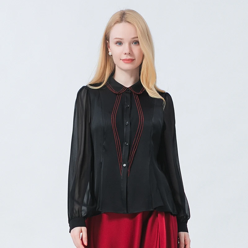 Silk Black Doll Collar Georgette Long-sleeved Single Row Multi-button Micro-transparent Thread Decoration Women Shirts BE719
Silk Black Doll Collar Georgette Long-sleeved Single Row Multi-button Micro-transparent Thread Decoration Women Shirts BE719