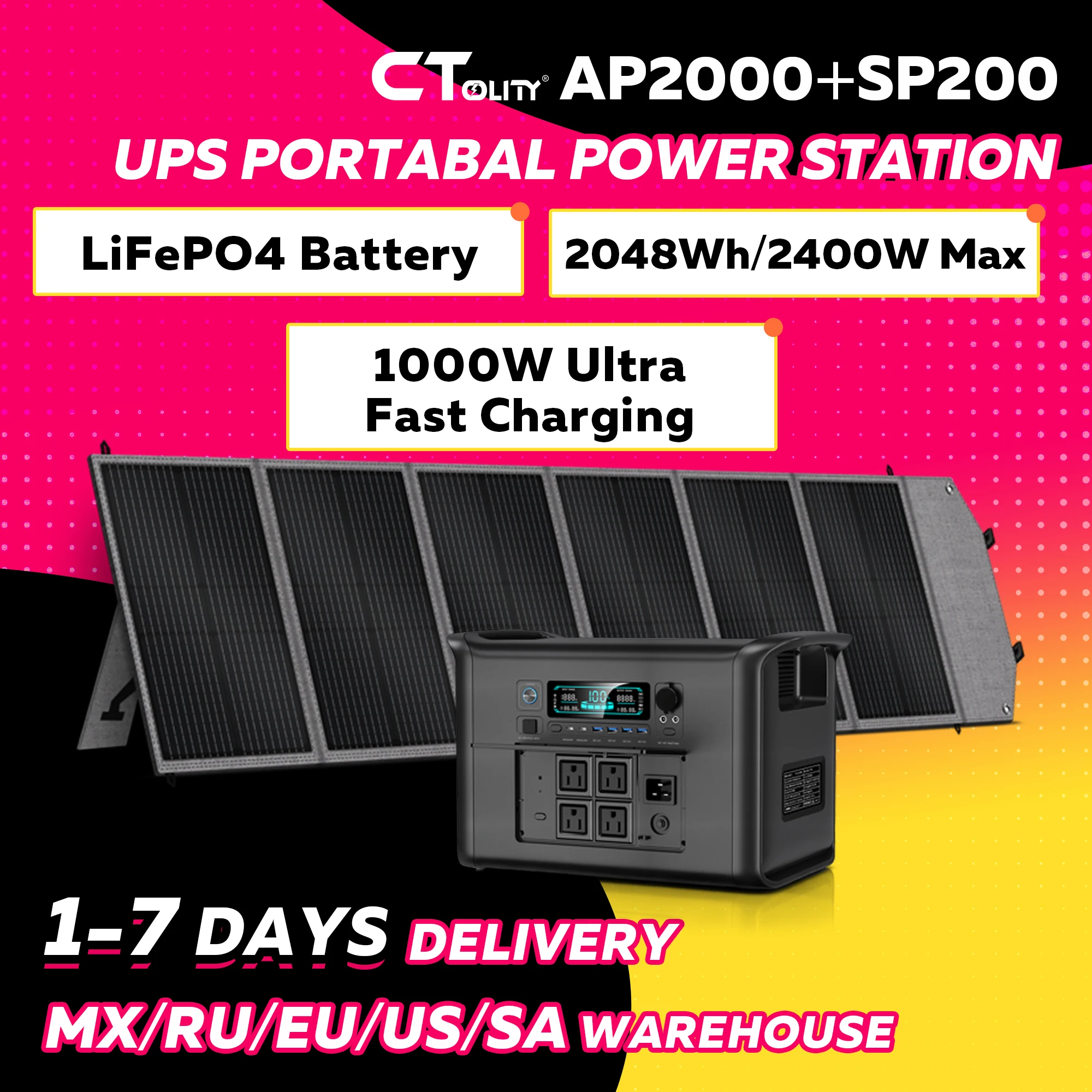 Портативный солнечный генератор CTOLITY 2400W 2048WH с LiFePO4 аккумулятором, ИБП, электростанция для дома и кемпинга на природе, с солнечной панелью 200W
Портативный солнечный генератор CTOLITY 2400W 2048WH с LiFePO4 аккумулятором, ИБП, электростанция для дома и кемпинга на природе, с солнечной панелью 200W