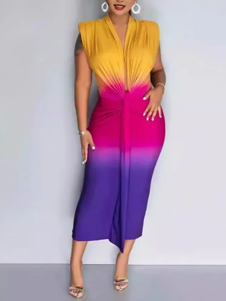 Gradient Color Print Deep V Neck Sleeveless Bodycon Maxi Dress Women Sexy Summer Dress
Gradient Color Print Deep V Neck Sleeveless Bodycon Maxi Dress Women Sexy Summer Dress