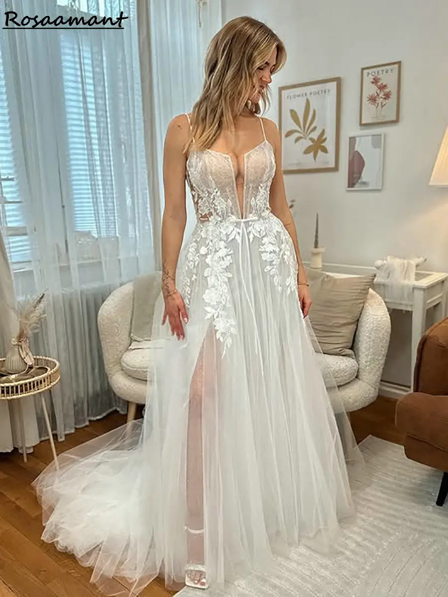 Simple Illusion High Split A-Line Wedding Dresses Spaghetti Straps Appliques Lace Bridal Gowns Robe De Mariée
Simple Illusion High Split A-Line Wedding Dresses Spaghetti Straps Appliques Lace Bridal Gowns Robe De Mariée