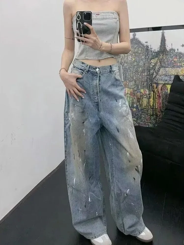 American High Street Graffiti Design Wide Leg Denim Jeans Women's Small Size Pants Spring Vintage Faded Floor-Length Pants
American High Street Graffiti Design Wide Leg Denim Jeans Women's Small Size Pants Spring Vintage Faded Floor-Length Pants