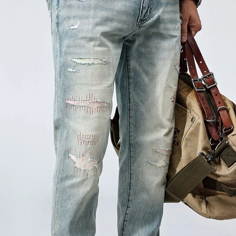 JXNS157 High-end American retro washed and white worn hole jeans men's spring tide embroidery Slim small foot straight trousers
JXNS157 High-end American retro washed and white worn hole jeans men's spring tide embroidery Slim small foot straight trousers