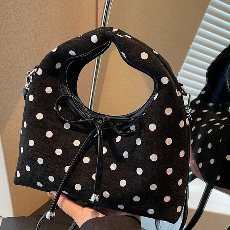 Women's Polka Dot Suede Hobo Bag, Drawstring Bow Top-Handle Crossbody Bag, Vintage Style Handbag with Detachable Strap
Women's Polka Dot Suede Hobo Bag, Drawstring Bow Top-Handle Crossbody Bag, Vintage Style Handbag with Detachable Strap