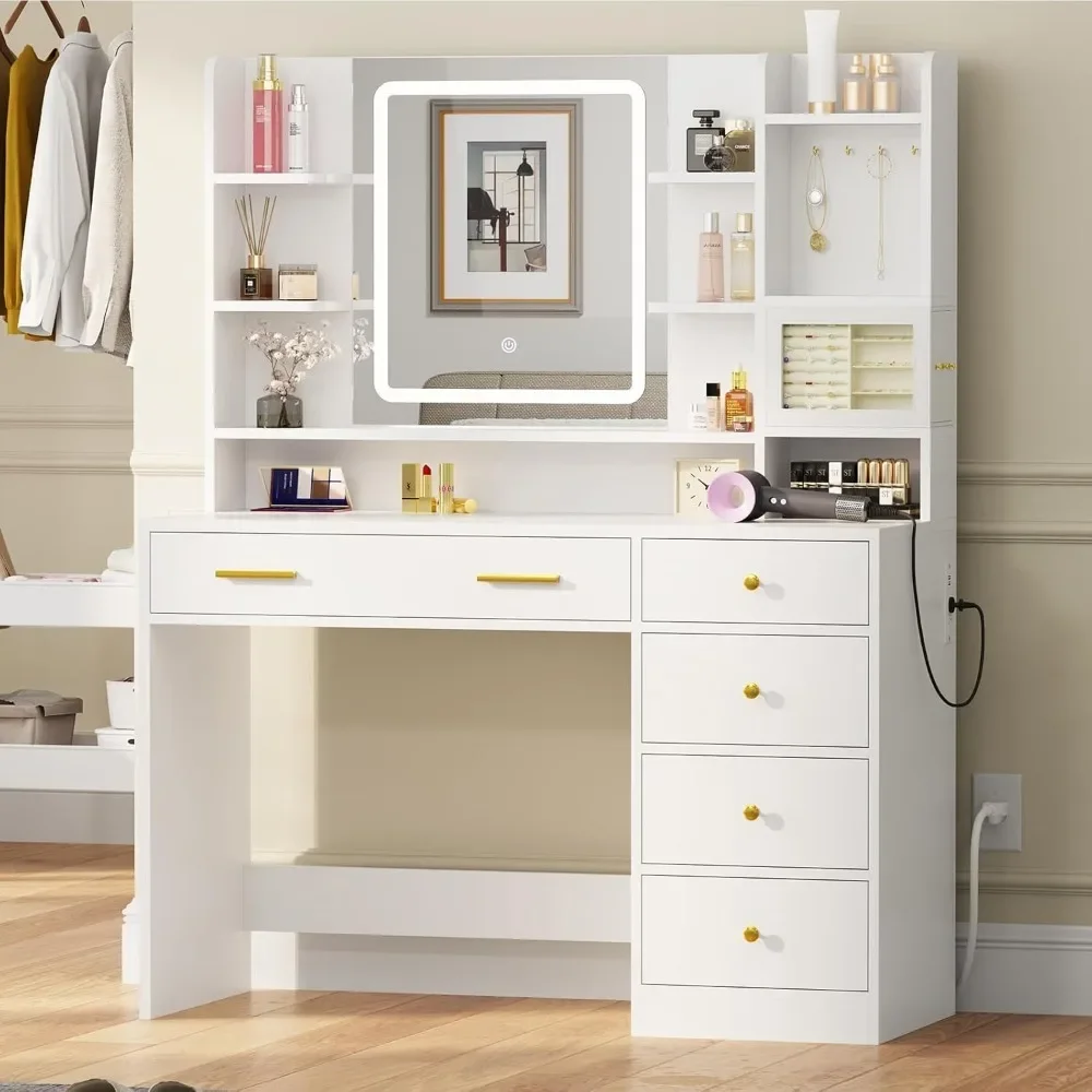 42.8” Vanity w/Mirror&Lights Desk,Table with Removable Jewelry Box, 6 Drawers, 8 Open Shelves, Adjustable 3 Color Modes
42.8” Vanity w/Mirror&Lights Desk,Table with Removable Jewelry Box, 6 Drawers, 8 Open Shelves, Adjustable 3 Color Modes