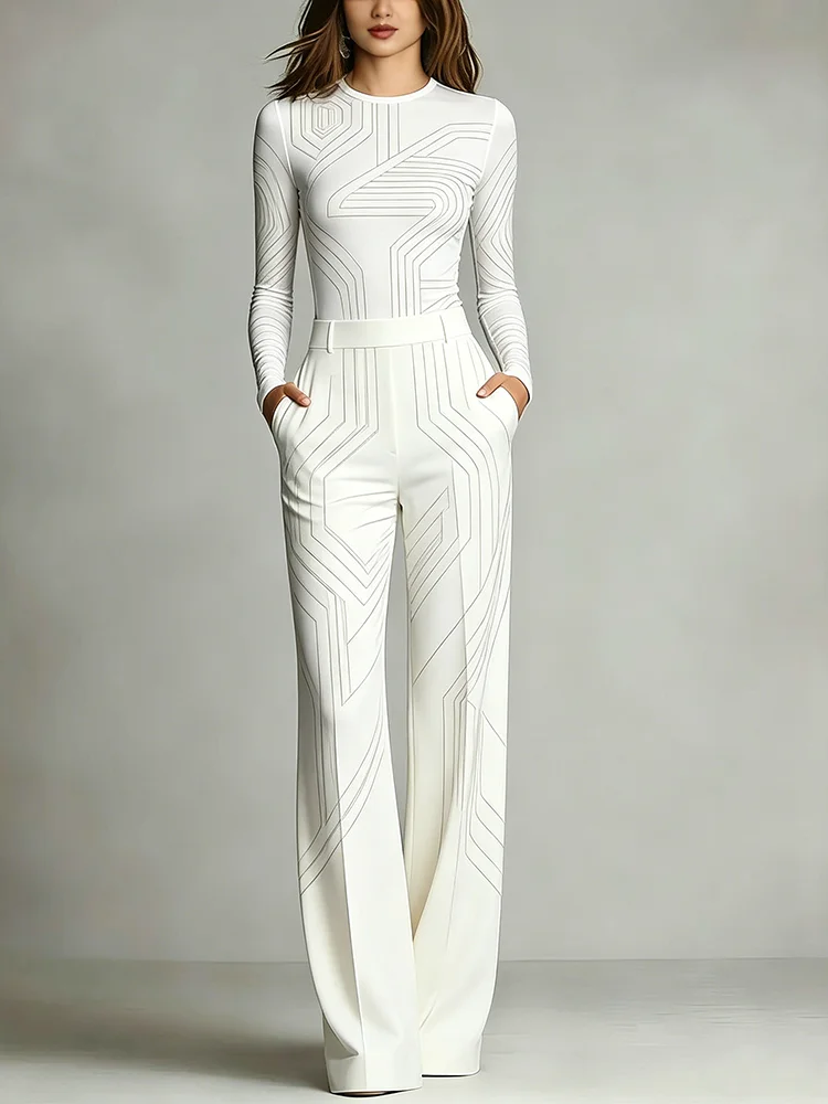 Women's Minimal Geometric Line Print Two Piece Set Long Sleeve Top Wide Leg Pants Elegant Office Fashion Matching Set Outfit
Women's Minimal Geometric Line Print Two Piece Set Long Sleeve Top Wide Leg Pants Elegant Office Fashion Matching Set Outfit