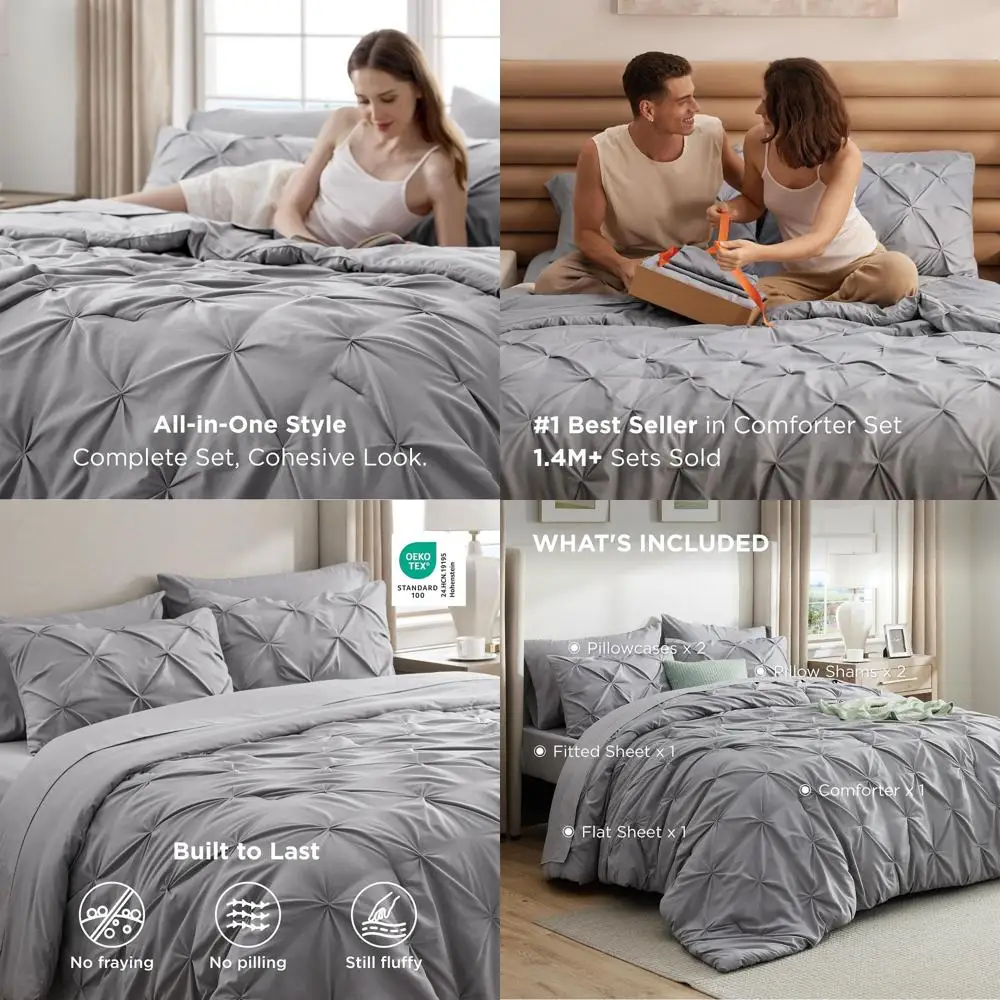 Серый комплект постельного белья Queen Size - 7 предметов с дизайном Pintuck, всесезонный, включает простыни, наволочки и декоративные наволочки, идеально подходит для G
Серый комплект постельного белья Queen Size - 7 предметов с дизайном Pintuck, всесезонный, включает простыни, наволочки и декоративные наволочки, идеально подходит для G
