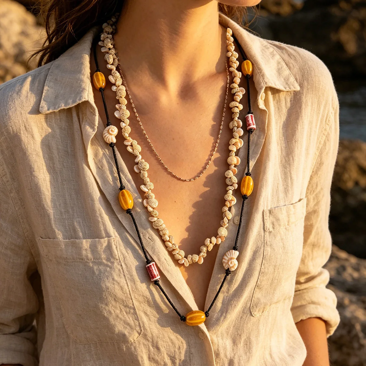 Bohemian Layered Summer Necklace Set with Shell and Cord Charms for Women Beach Vacation and Casual Jewelry
Bohemian Layered Summer Necklace Set with Shell and Cord Charms for Women Beach Vacation and Casual Jewelry