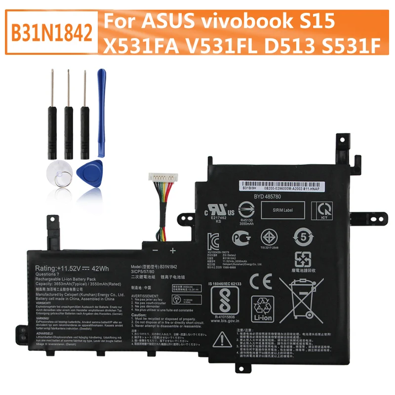 Запасной аккумулятор B31N1842 для ASUS vivobook S15 X531FA V531FL D513 S531F F513 M513 3653 мАч
Запасной аккумулятор B31N1842 для ASUS vivobook S15 X531FA V531FL D513 S531F F513 M513 3653 мАч